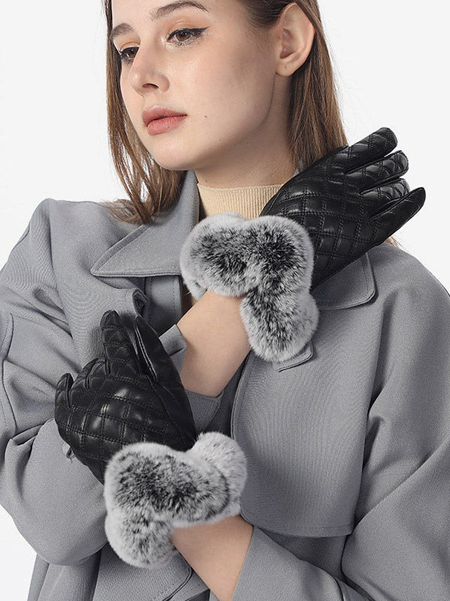 Black Faux Fur Quilted Gloves — view 1