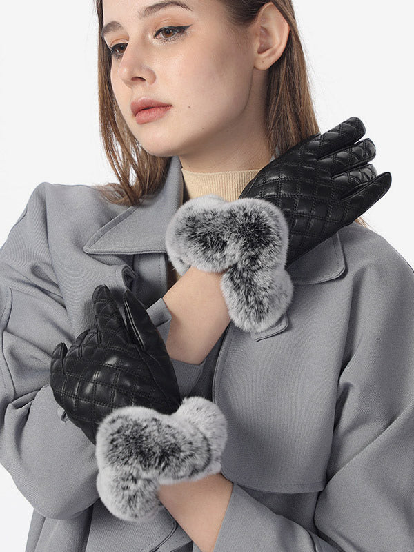 black faux fur quilted gloves — view 1