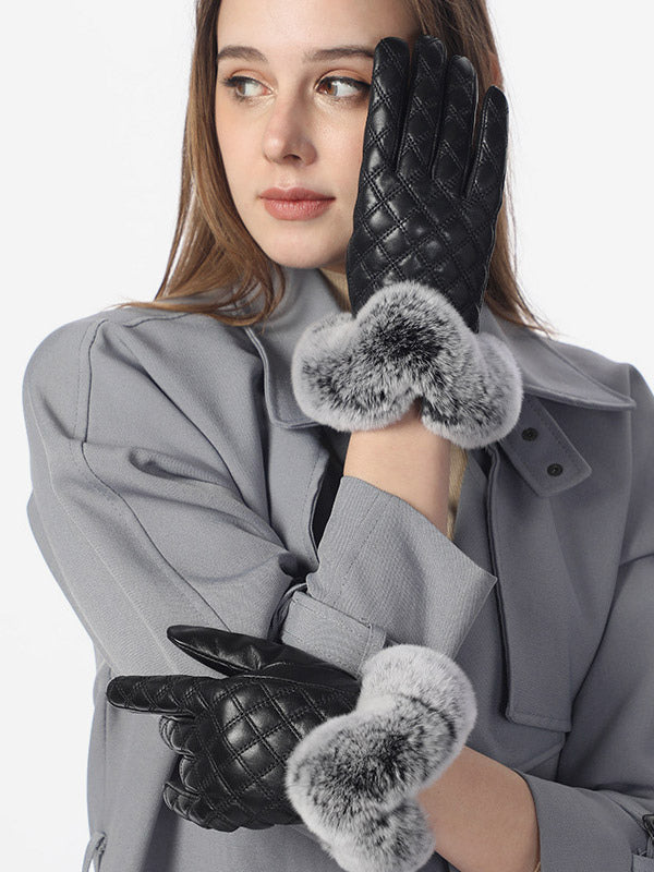 black faux fur quilted gloves — view 2