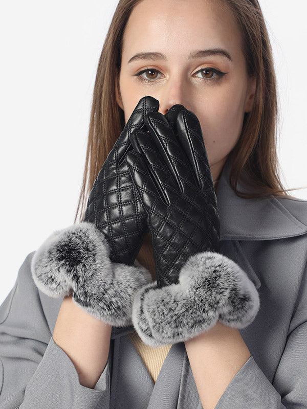 black faux fur quilted gloves — view 3