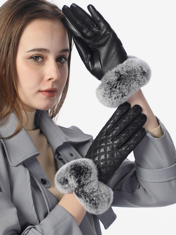 black faux fur quilted gloves — view 4