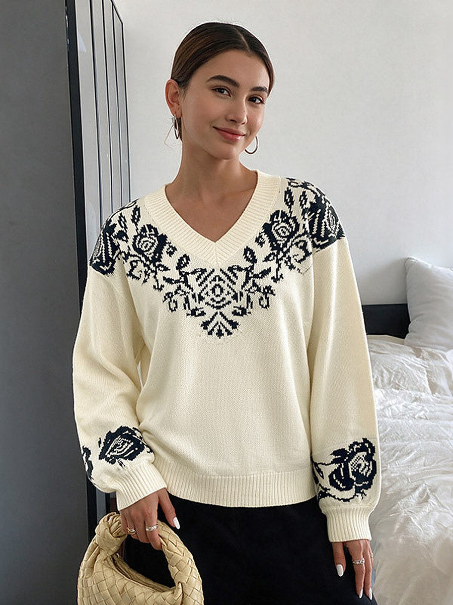 Apricot Long-Sleeve V-Neck Floral Jumper — view 1