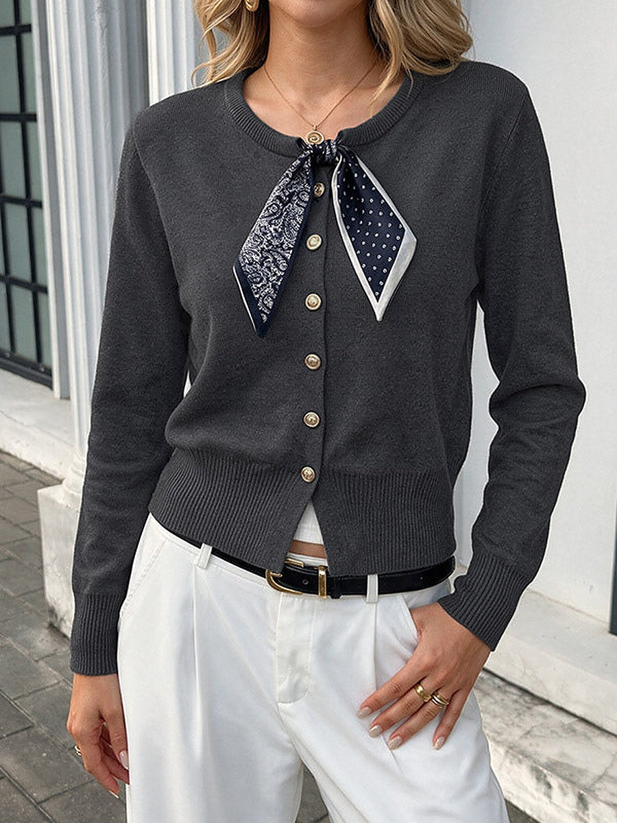 Charcoal Long-Sleeve Round-Neck Knitted Cardigan — view 1