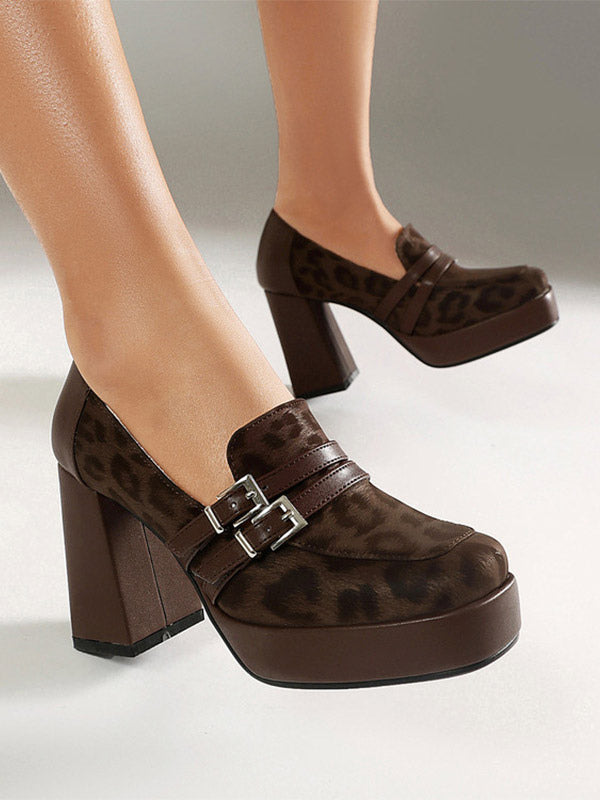 brown square toe buckle leopard print loafers — view 3
