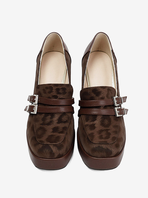 brown square toe buckle leopard print loafers — view 2