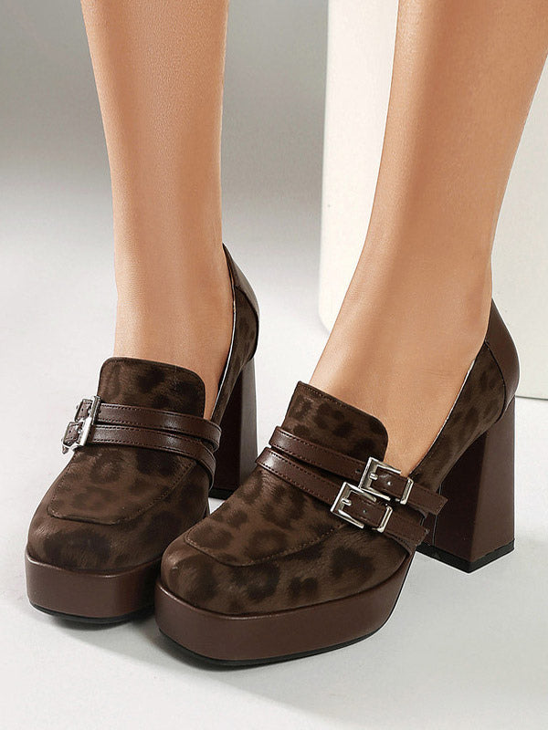 brown square toe buckle leopard print loafers — view 1