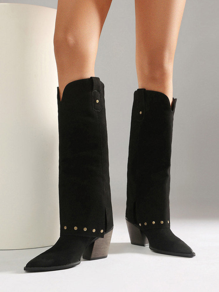 grey pointed toe block heel knee high boots — view 9