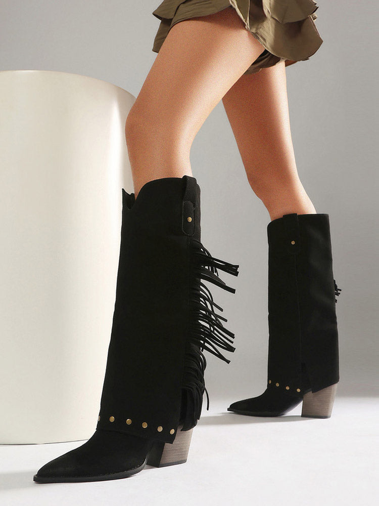 grey pointed toe block heel knee high boots — view 7