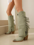 Grey Pointed-Toe Block Heel Knee-High Boots — view 4