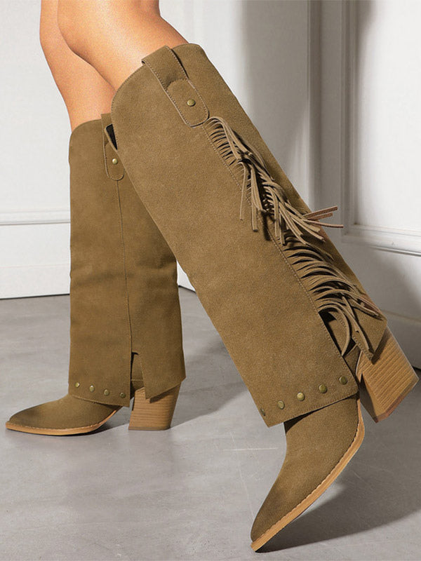 grey pointed toe block heel knee high boots — view 1