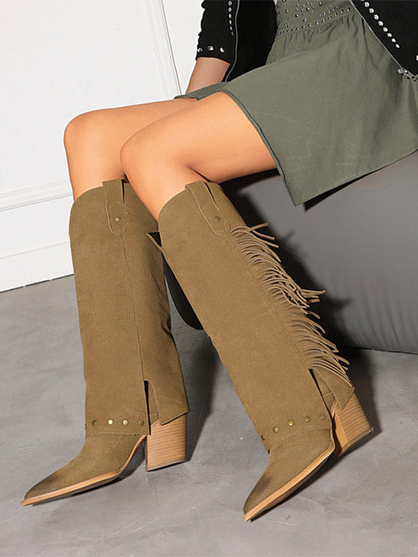 grey pointed toe block heel knee high boots — view 2