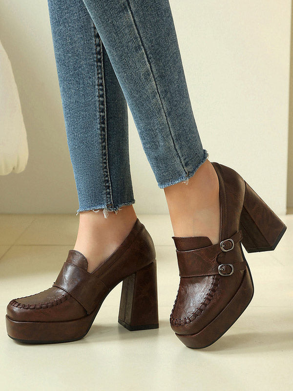 Brown Square-Toe Block Heel Sandals — view 4