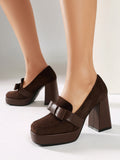 brown square toe block heel suede effect loafers — view 1