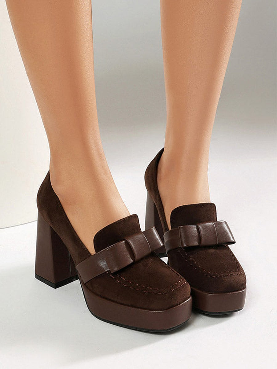Brown Square-Toe Block Heel Suede-Effect Loafers — view 2