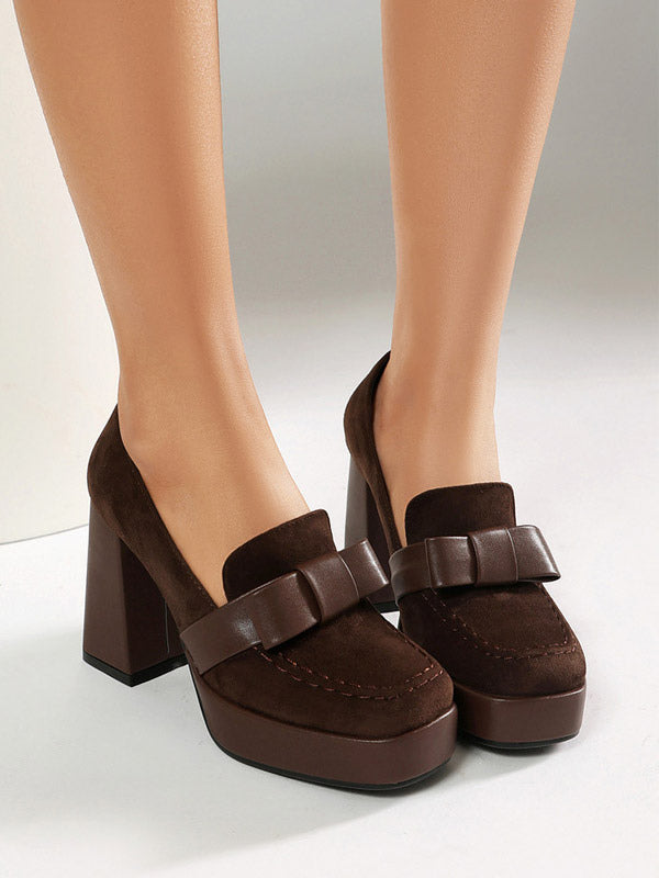 brown square toe block heel suede effect loafers — view 2