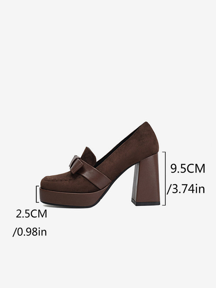 Brown Square-Toe Block Heel Suede-Effect Loafers — view 4