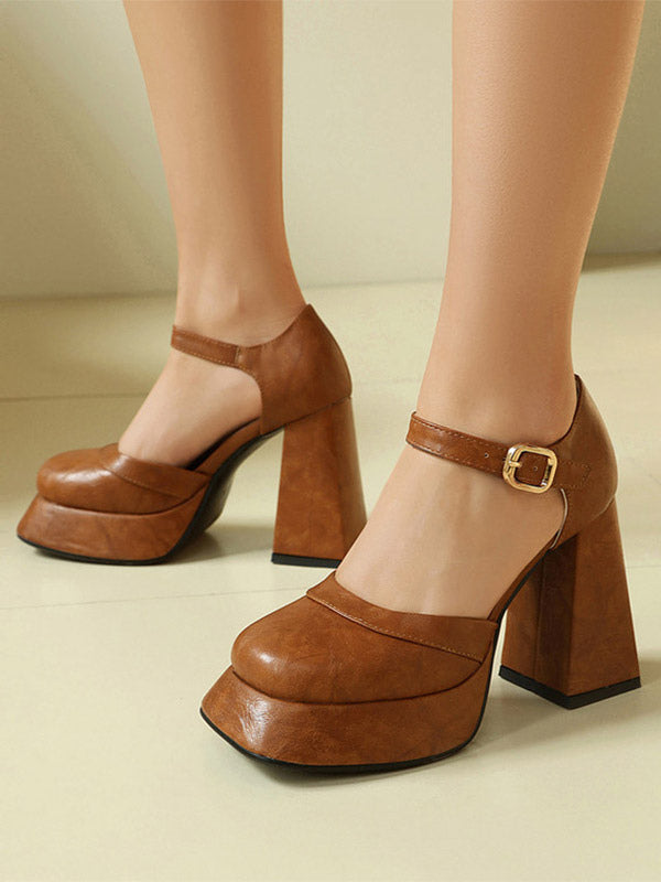 tan square toe block heel buckle court shoes — view 1