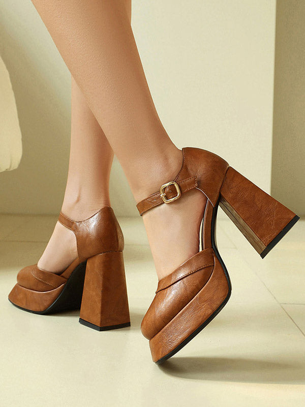 Tan Square-Toe Block Heel Buckle Court Shoes — view 2
