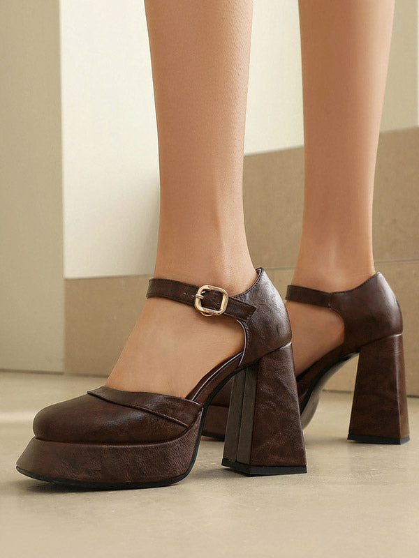 tan square toe block heel buckle court shoes — view 7