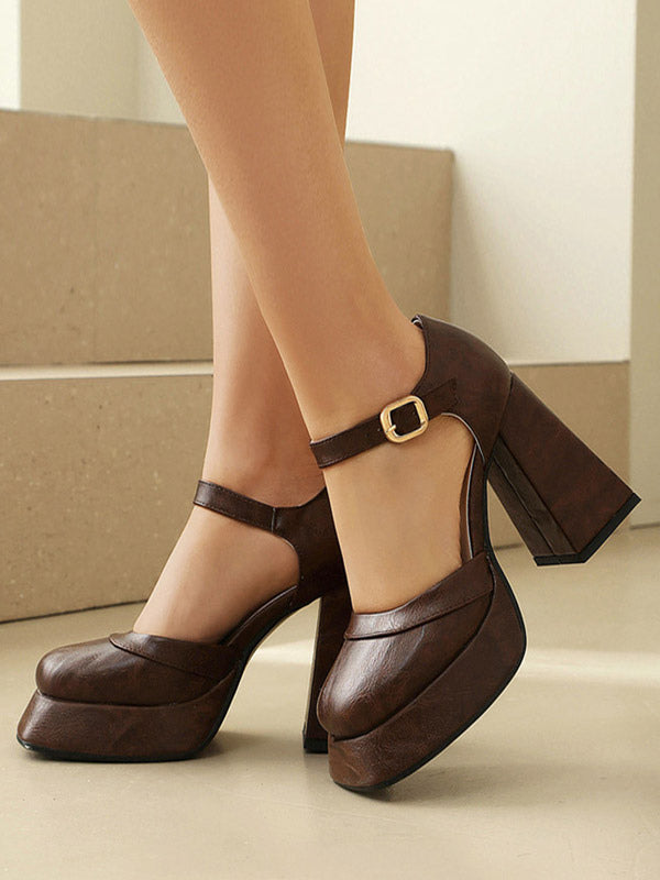 tan square toe block heel buckle court shoes — view 9
