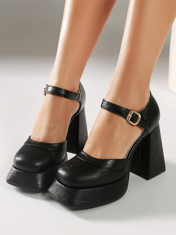 tan square toe block heel buckle court shoes — view 4