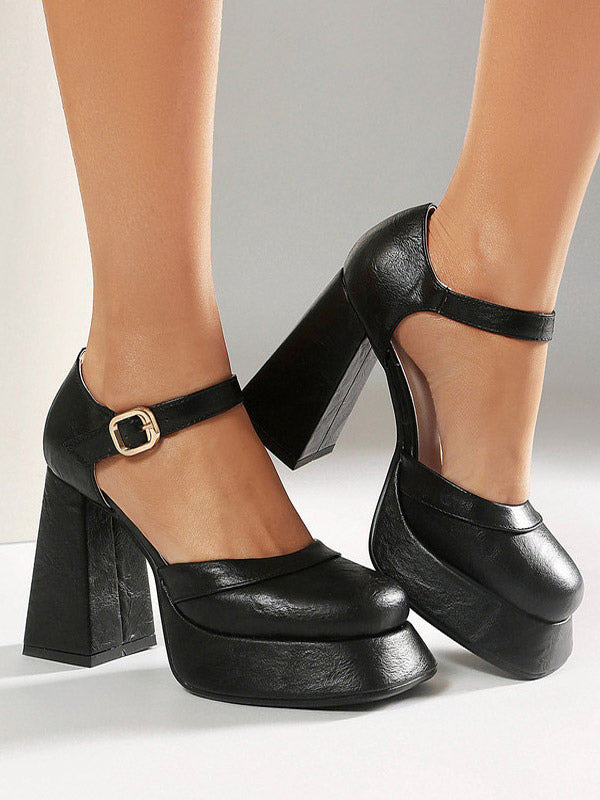 tan square toe block heel buckle court shoes — view 5