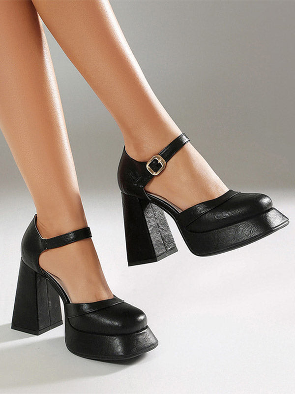 tan square toe block heel buckle court shoes — view 6