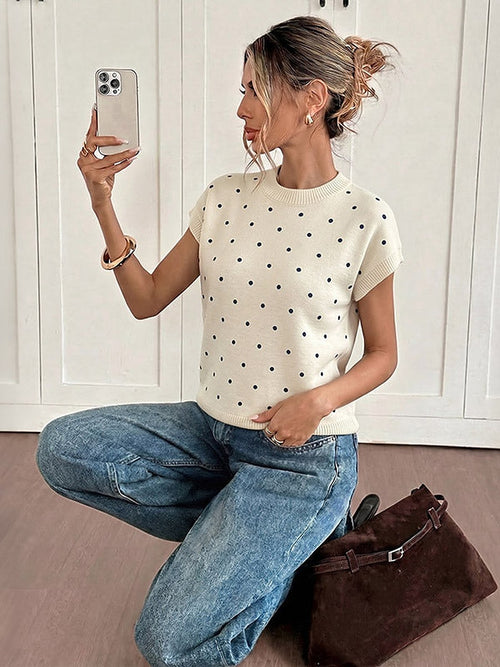 Apricot Short-Sleeve Round-Neck Polka Dot Jumper — view 1
