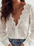 White Long-Sleeve V-Neck Lace Shirt — view 1