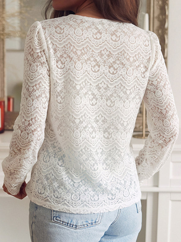 White Long-Sleeve V-Neck Lace Shirt — view 2