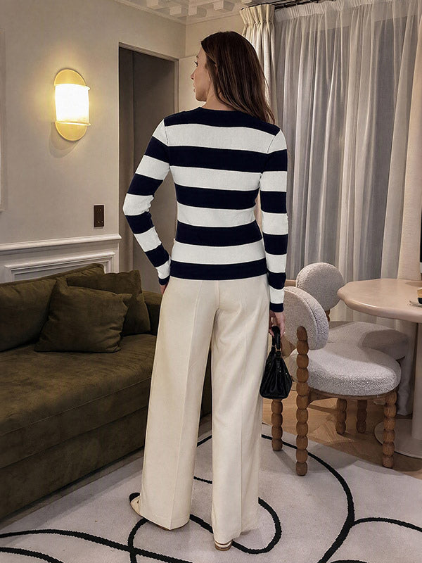 Navy Long-Sleeve Round-Neck Striped Coat — view 2