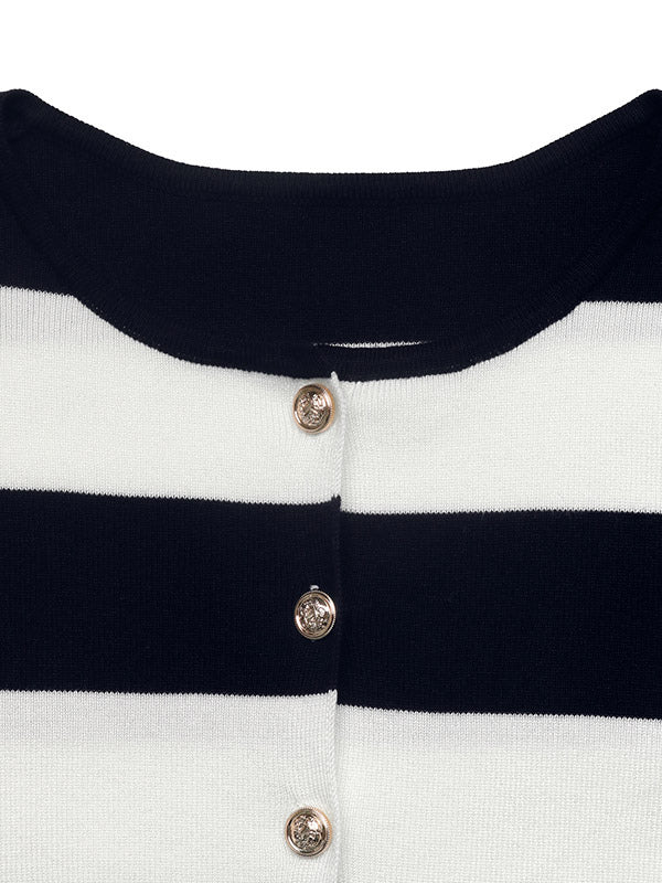 Navy Long-Sleeve Round-Neck Striped Coat — view 5