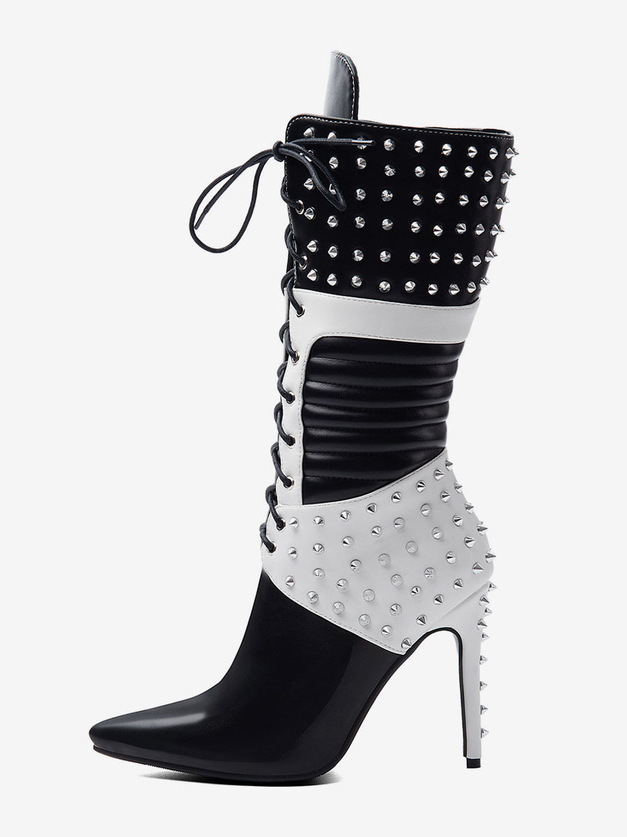 black pointed toe lace up mid calf boots — view 2