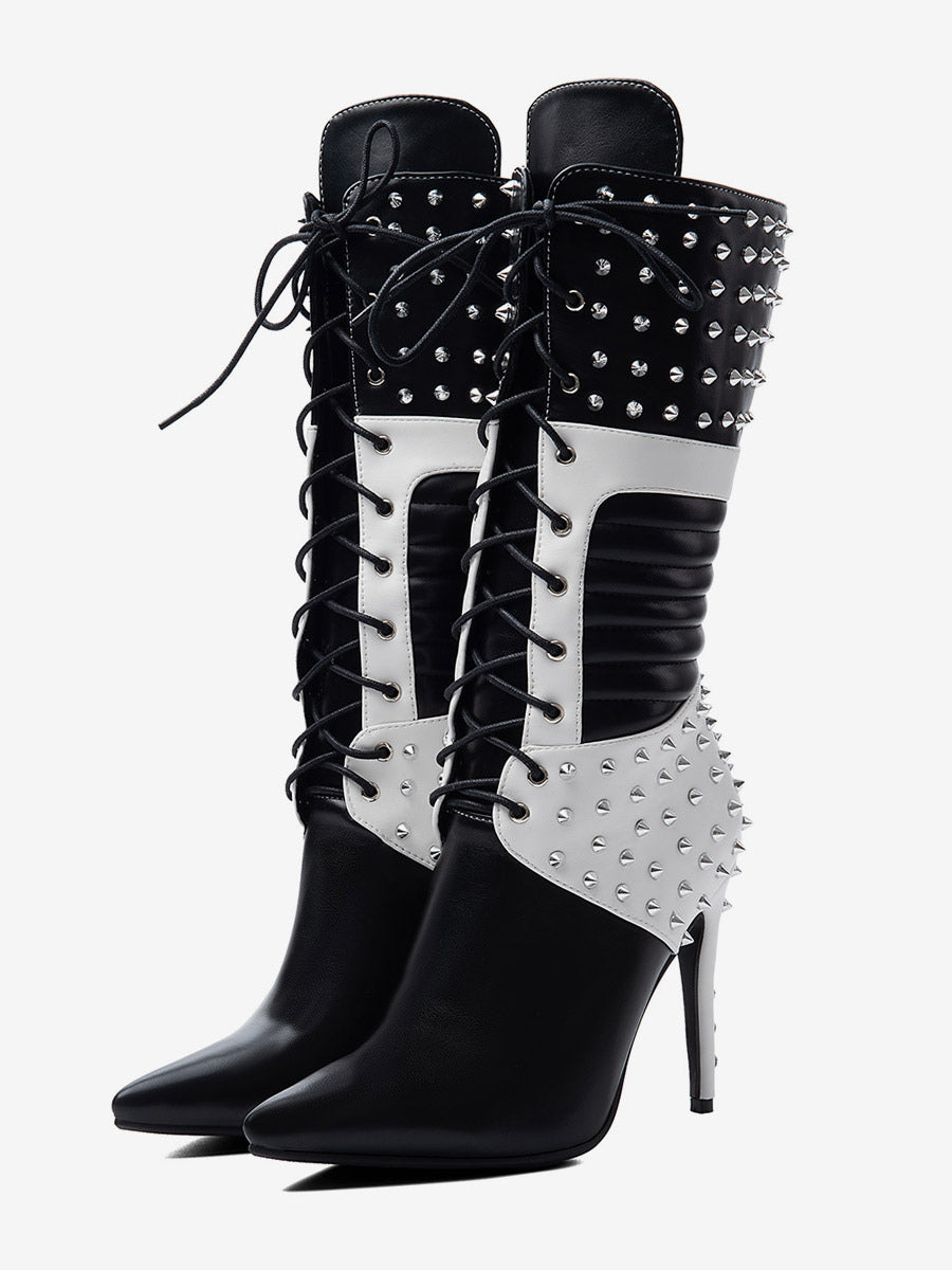 Black Pointed-Toe Lace-Up Mid-Calf Boots — view 1