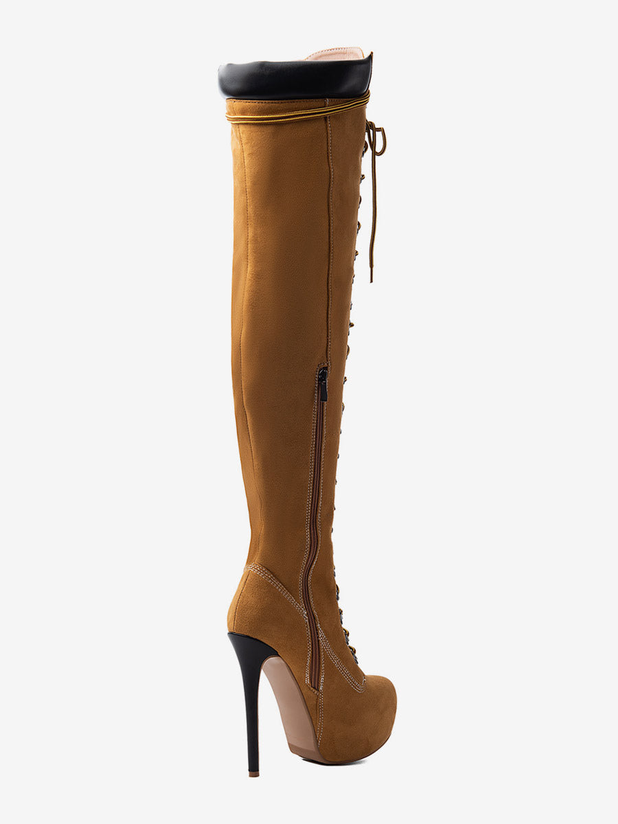 Brown Round-Toe Platform Lace-Up Over-The-Knee Boots — view 6
