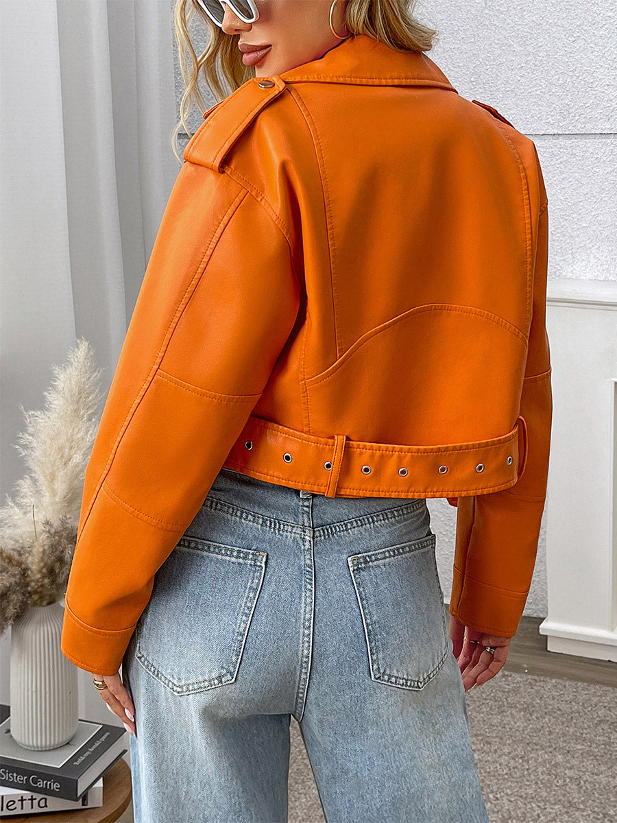 orange red belted short jacket — view 6