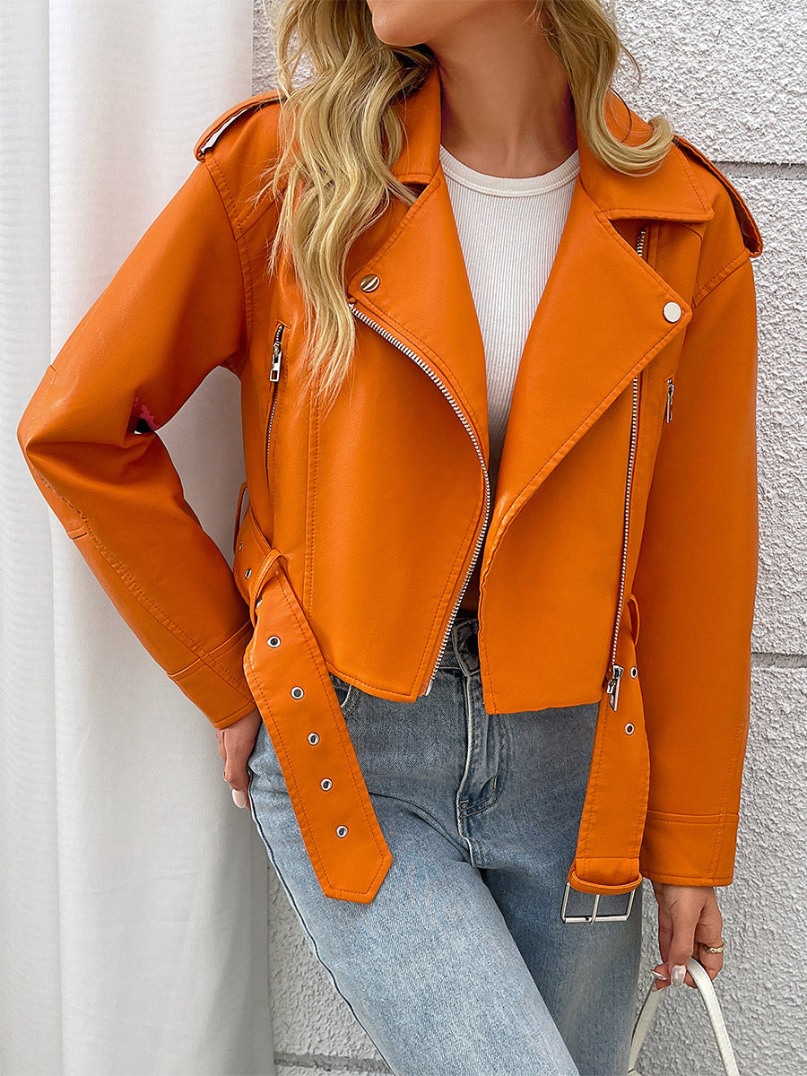 orange red belted short jacket — view 4