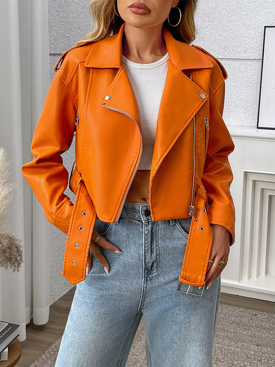orange red belted short jacket — view 2
