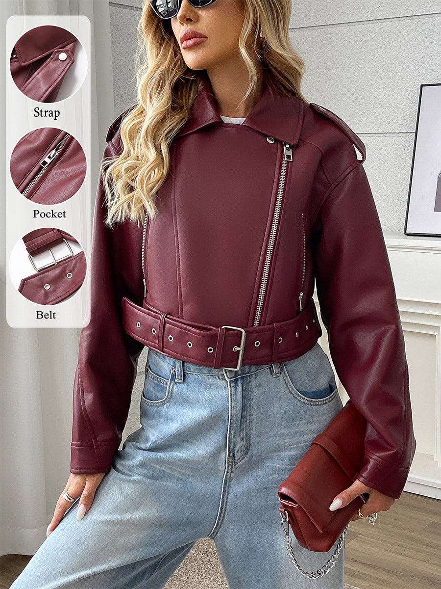 burgundy belted pockets short jacket — view 1
