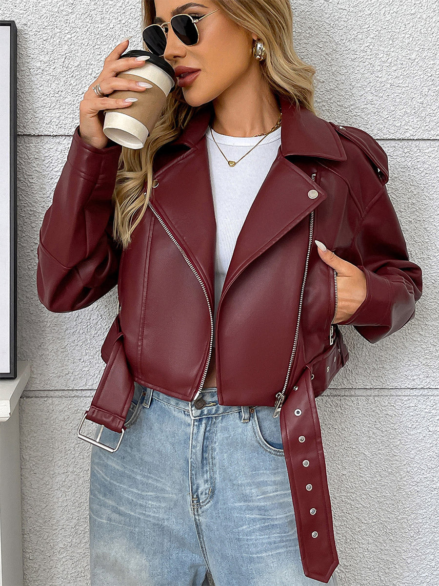 burgundy belted pockets short jacket — view 5