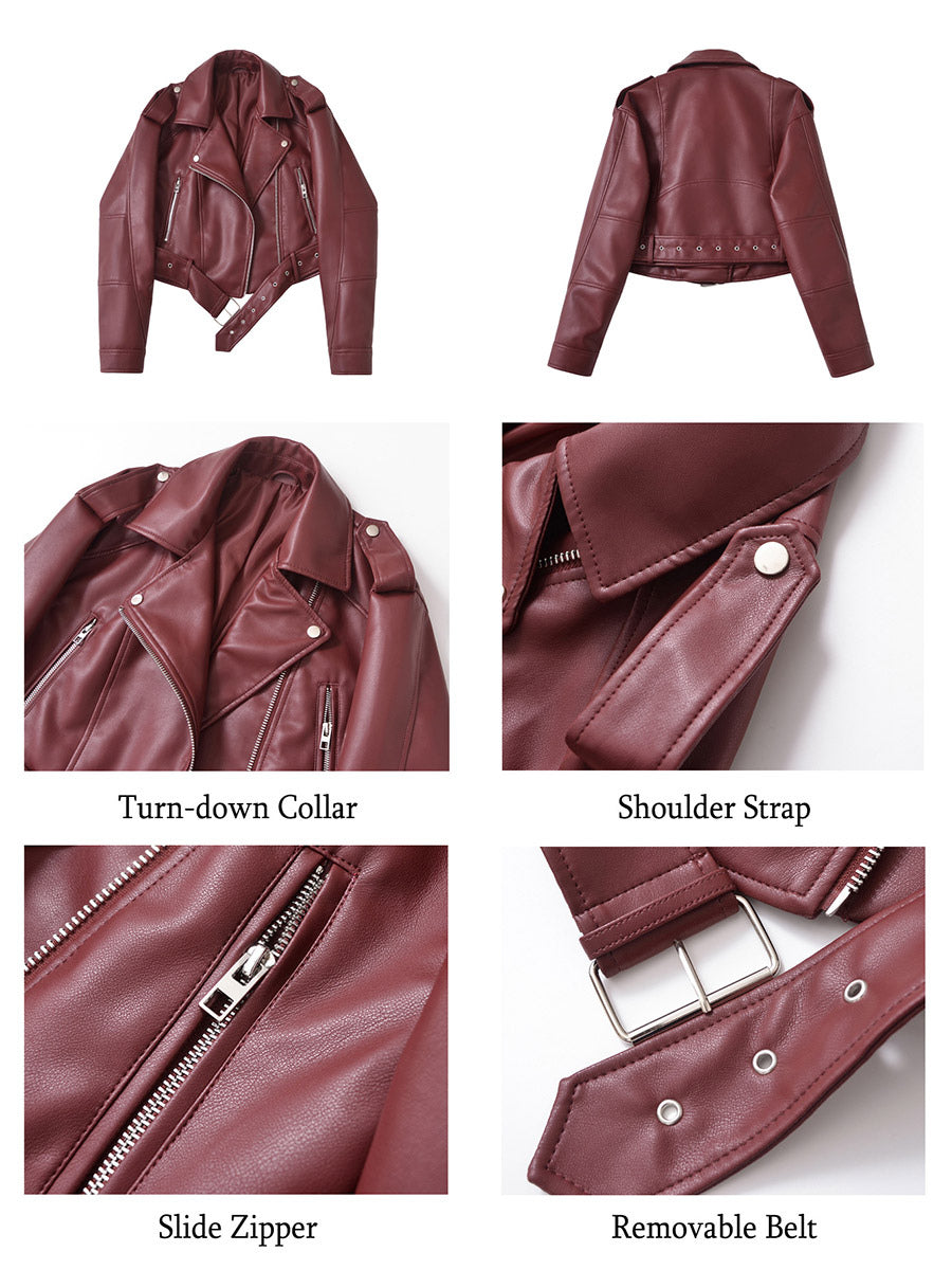 burgundy belted pockets short jacket — view 7
