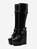 Black Round-Toe Platform Wedge Knee-High Boots — view 1
