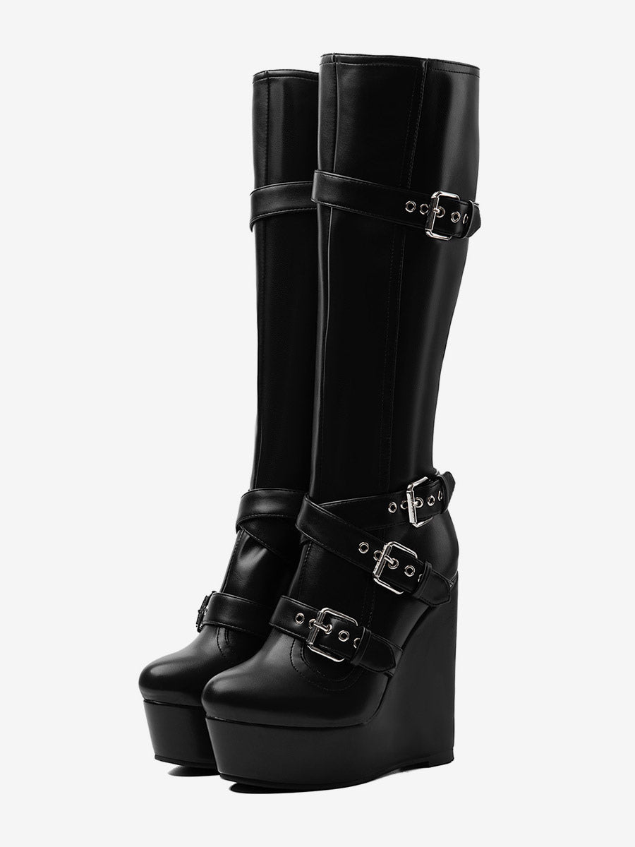 Black Round-Toe Platform Wedge Knee-High Boots — view 1