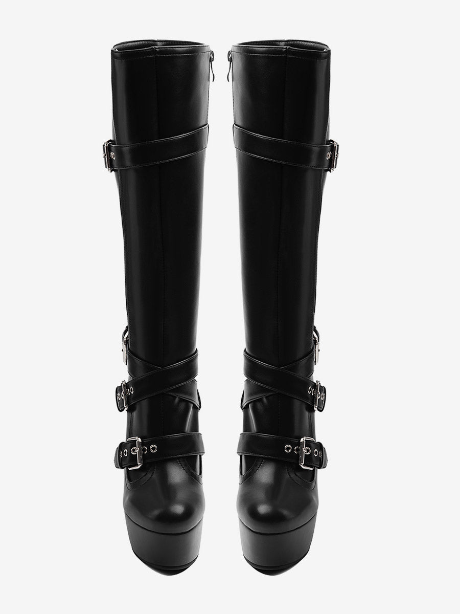 Black Round-Toe Platform Wedge Knee-High Boots — view 2