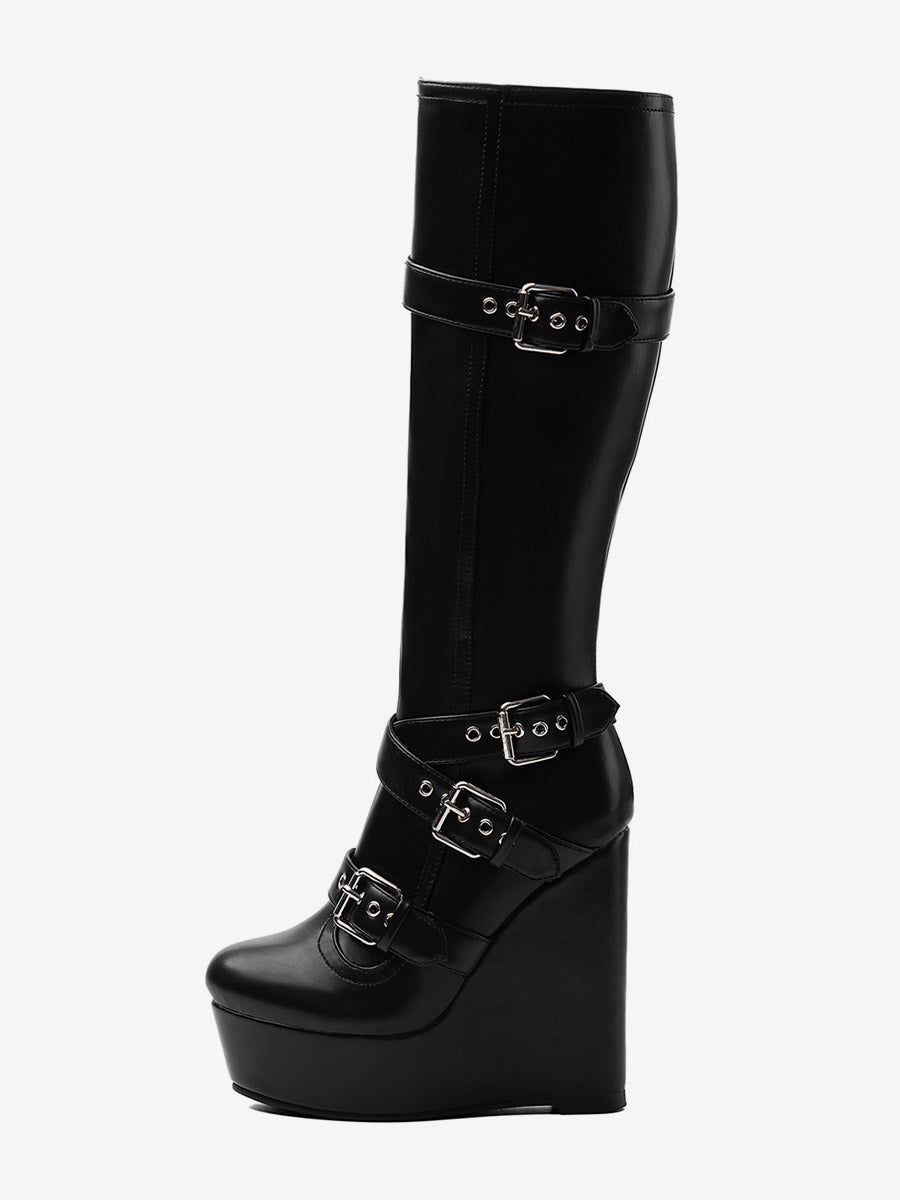Black Round-Toe Platform Wedge Knee-High Boots — view 3