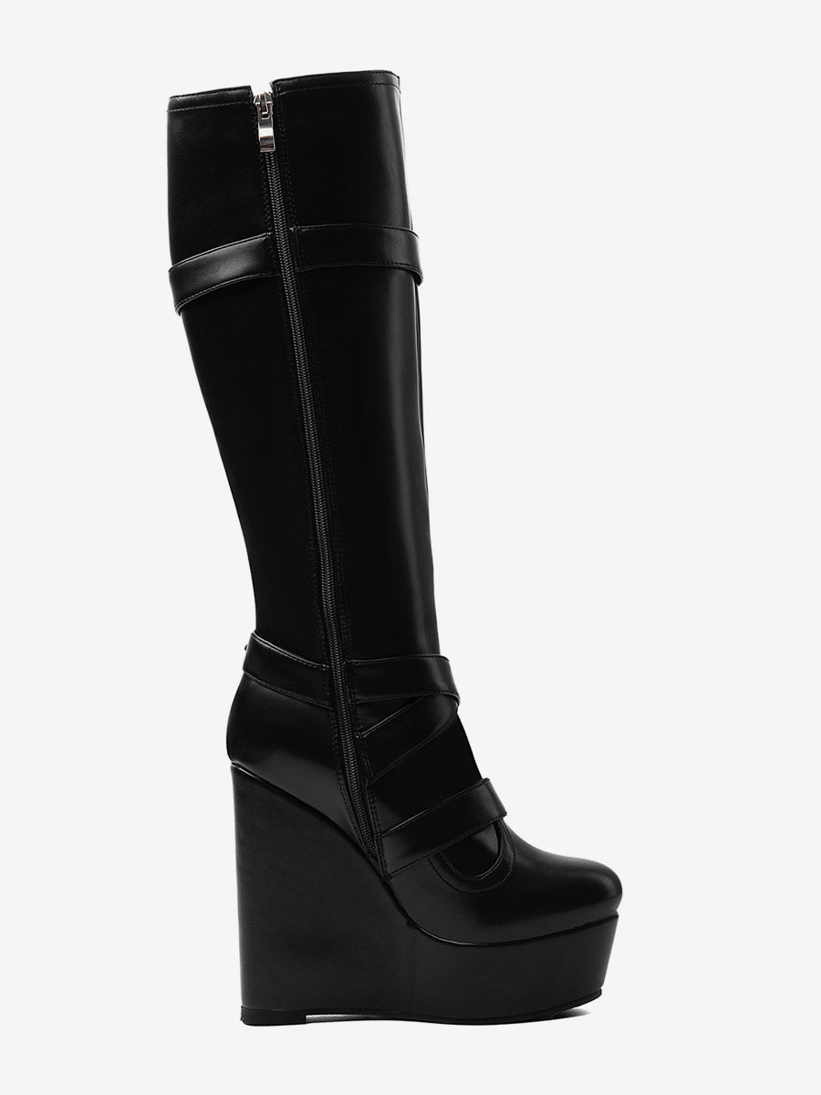 Black Round-Toe Platform Wedge Knee-High Boots — view 4