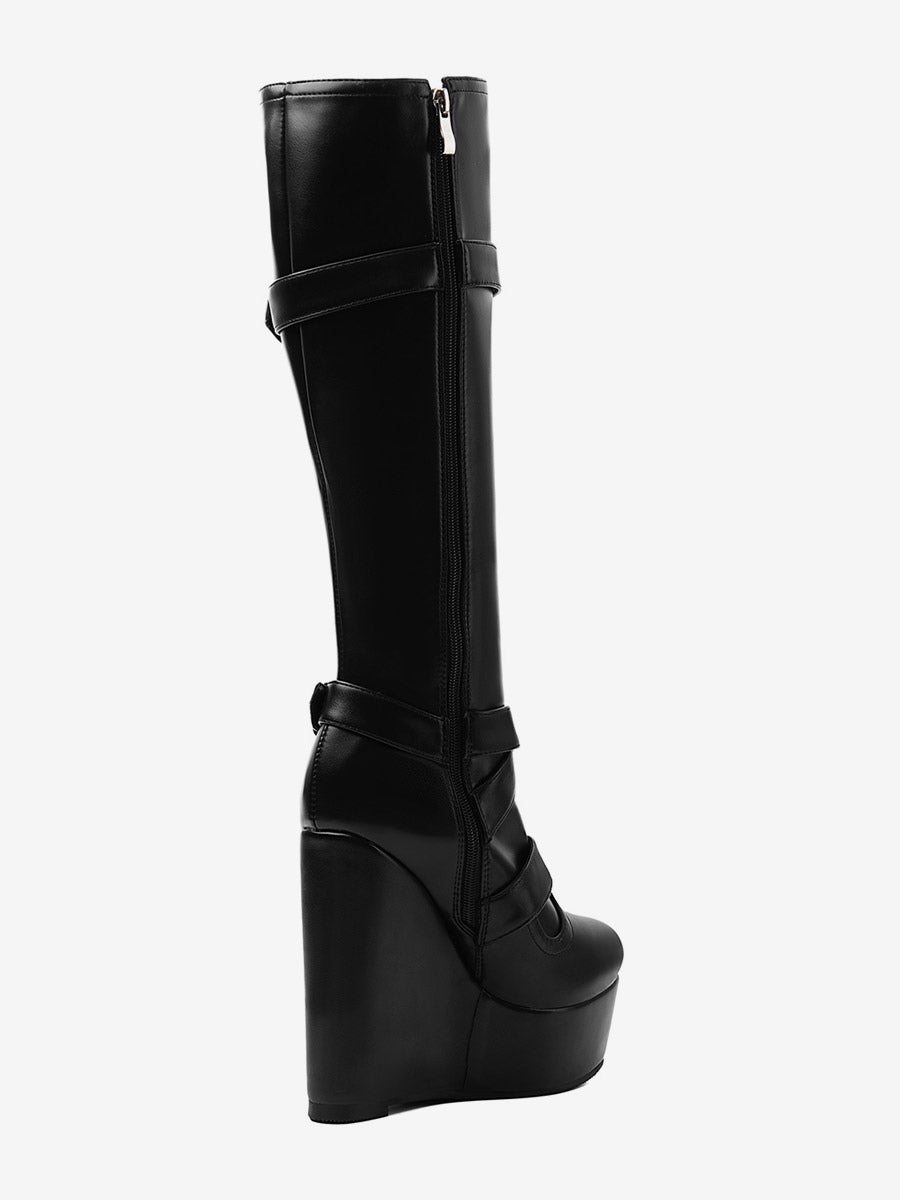 Black Round-Toe Platform Wedge Knee-High Boots — view 5