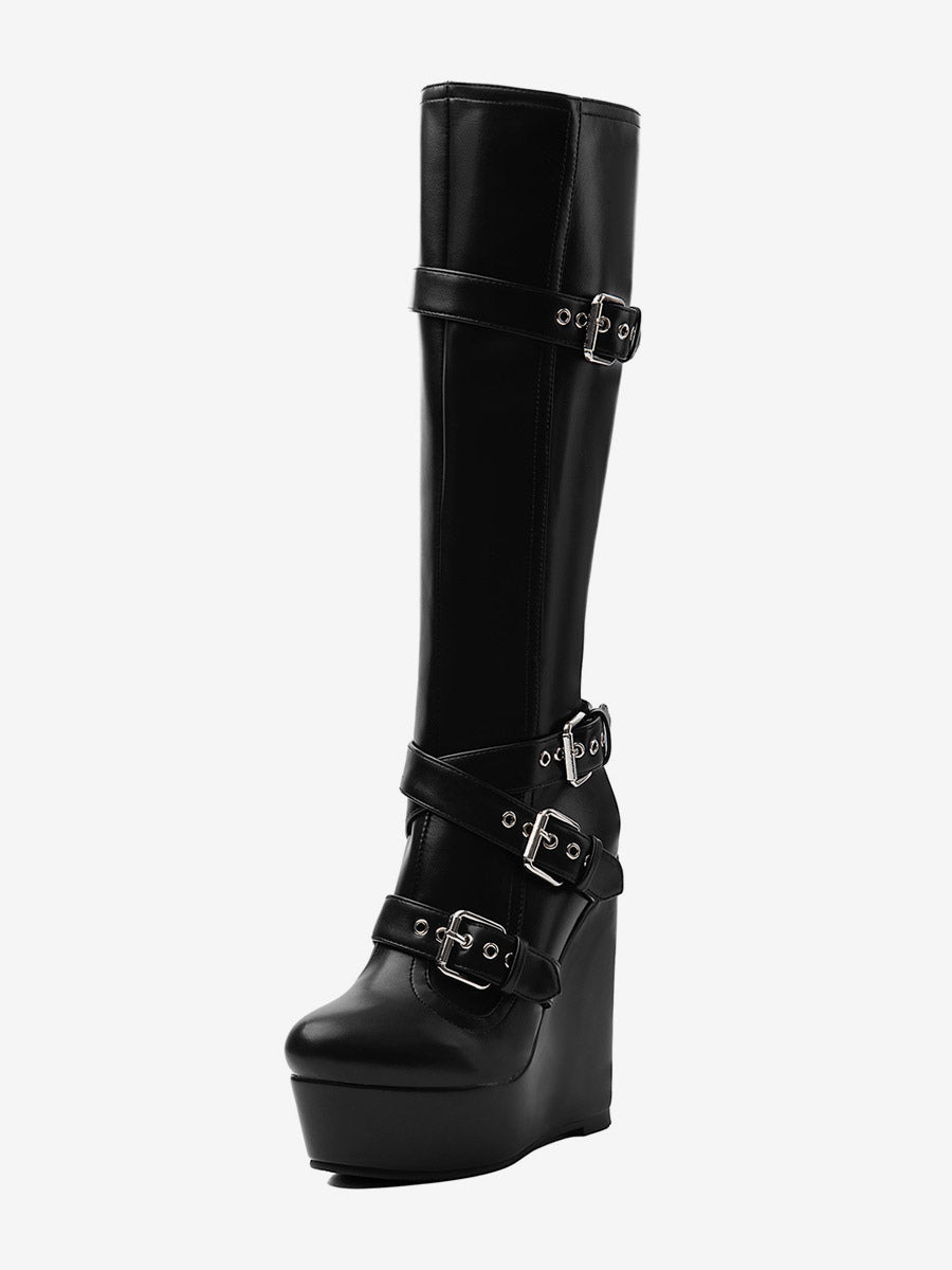 Black Round-Toe Platform Wedge Knee-High Boots — view 6