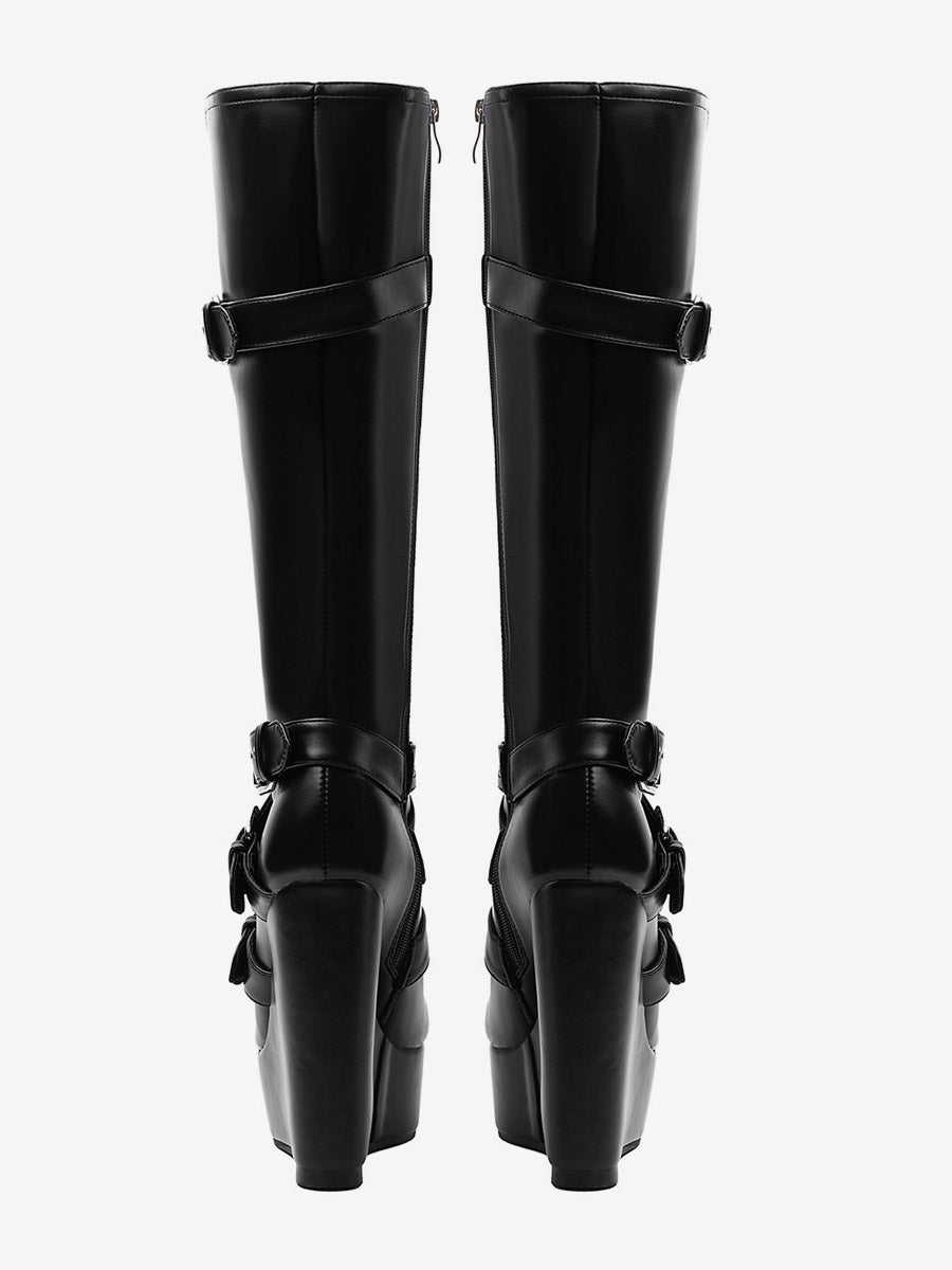 Black Round-Toe Platform Wedge Knee-High Boots — view 7