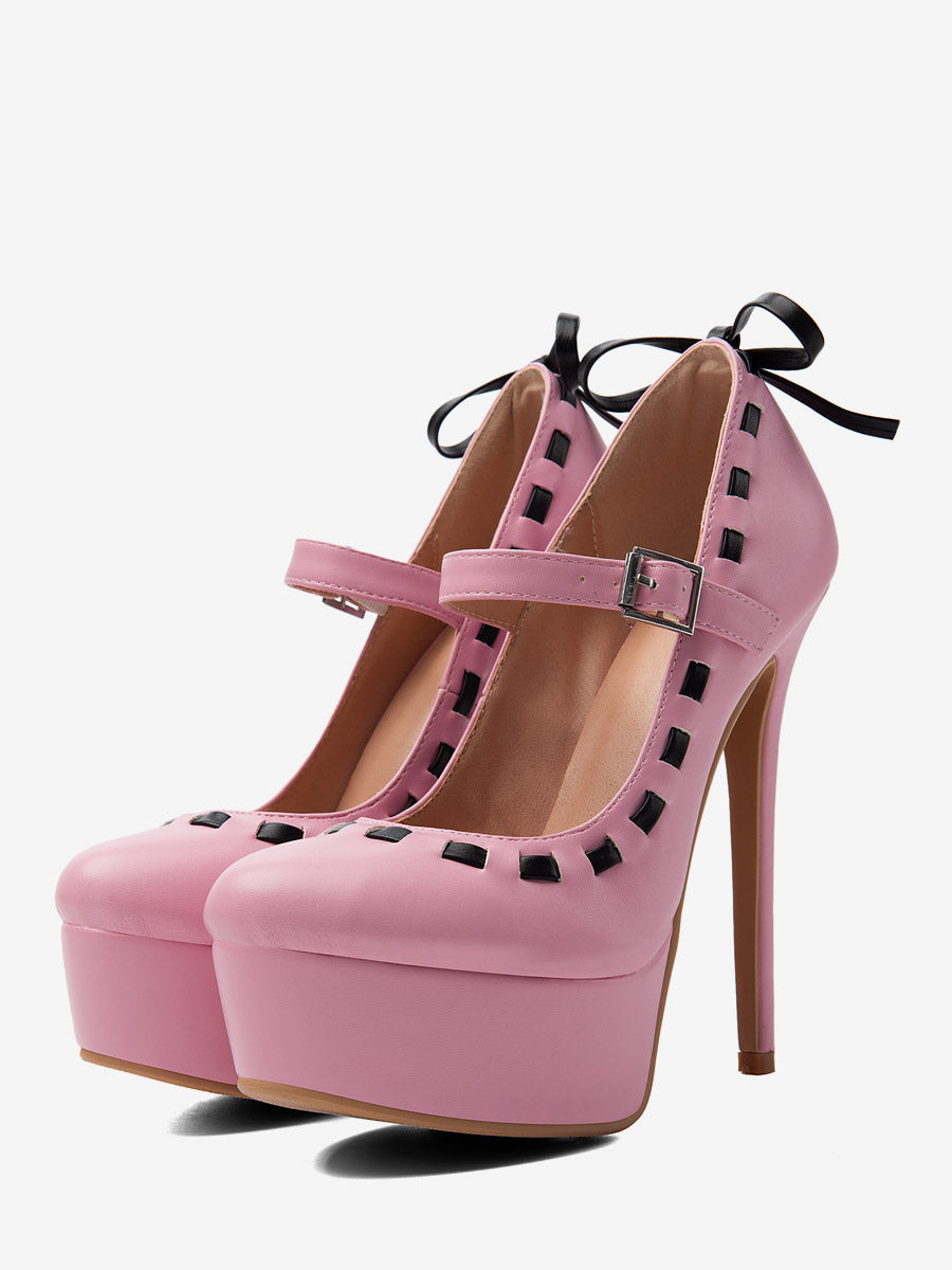 pink open toe platform bow detail heels — view 1
